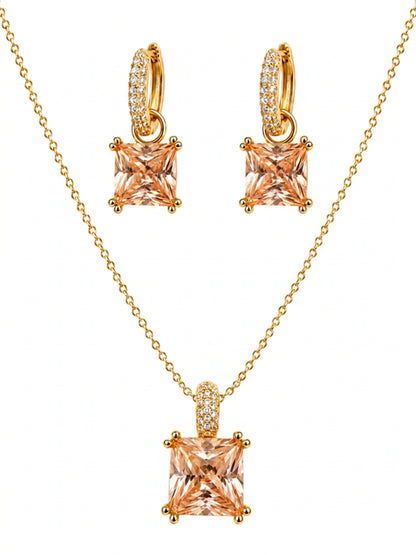Champagne Square-Cut Pendant Necklace & Huggie Earring Set