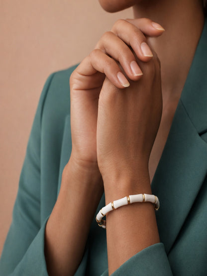 White Enamel Bamboo Gold Cuff Bracelet – Anti Tarnish, CZ Stone