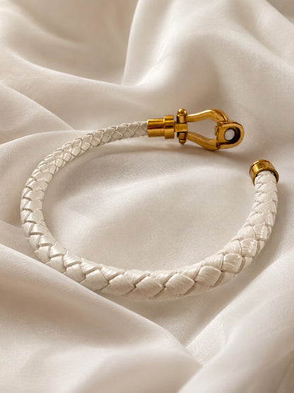 Unisex White Braided Leather Gold Magnetic Bracelet
