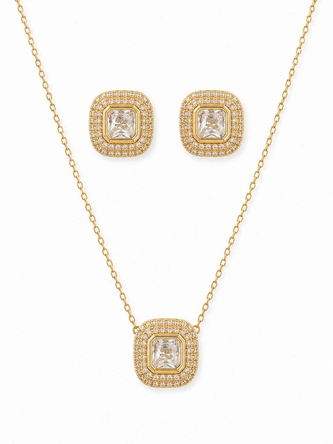 Charlotte Cushion-Cut Crystal Halo Set — 18K Gold Plated with Austrian Crystal