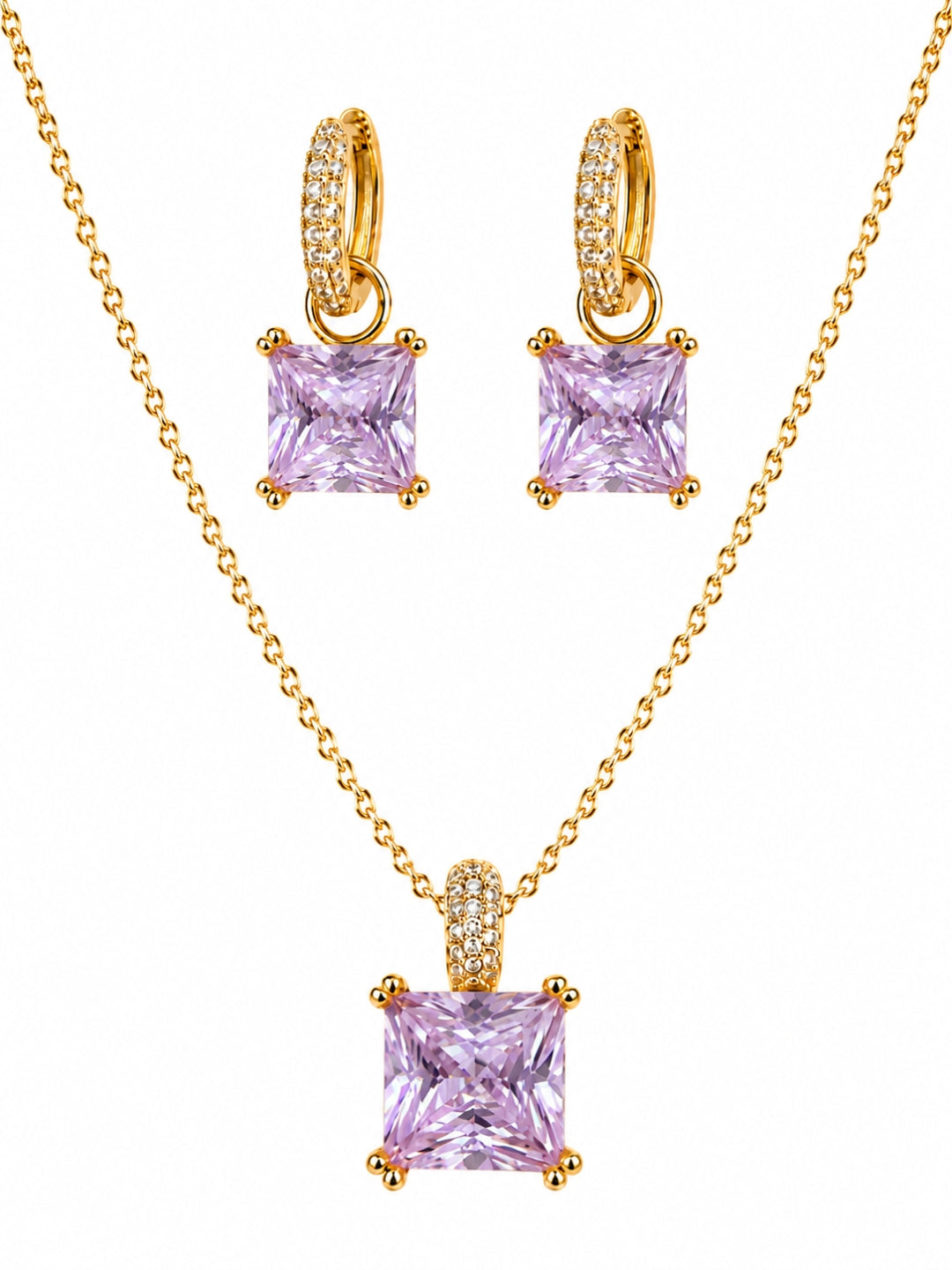 Lavender Square-Cut Pendant Necklace & Huggie Earring Set