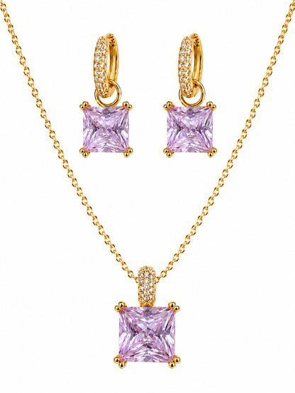 Lavender Square-Cut Pendant Necklace & Huggie Earring Set