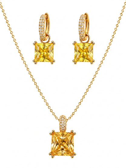 Yellow Square-Cut Pendant Necklace & Huggie Earring Set, 18K Gold-Plated
