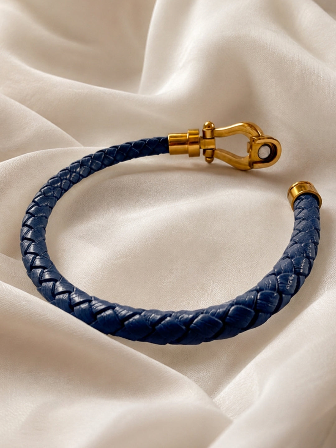 Unisex Navy Braided Leather Gold Magnetic Bracelet