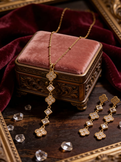 Clover CZ Statement Necklace & Earring Set in 18K Gold Plated
