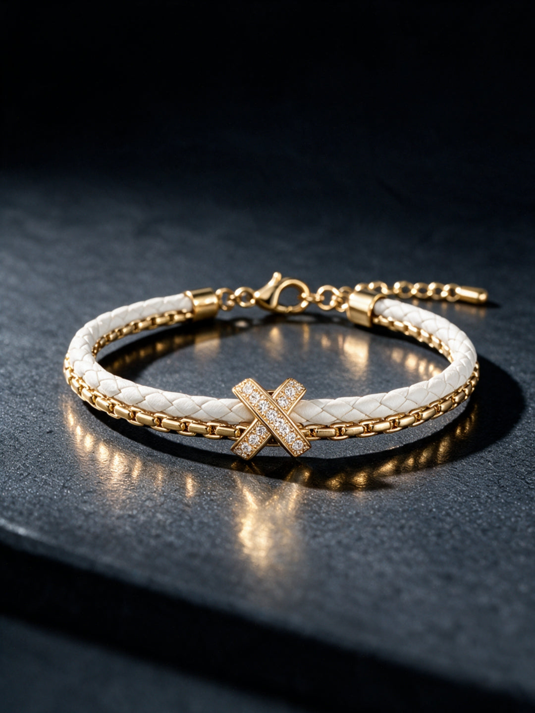 White Braided Double line Knot Band Cuff -18KT Gold Plated