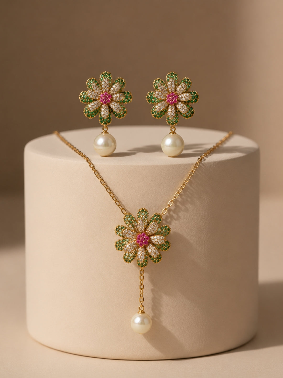 Margherita Floral Pearl Drop Necklace & Earring Set, 18K Gold-Plated