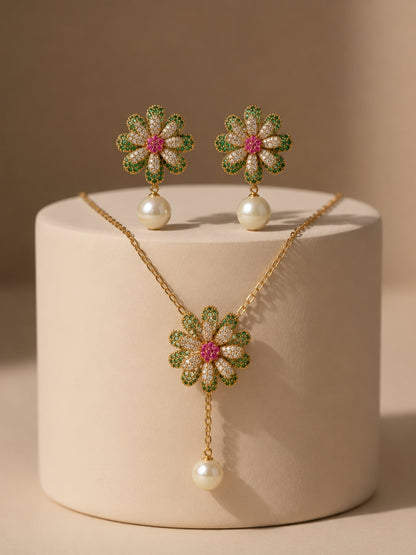 Margherita Floral Pearl Drop Necklace & Earring Set, 18K Gold-Plated