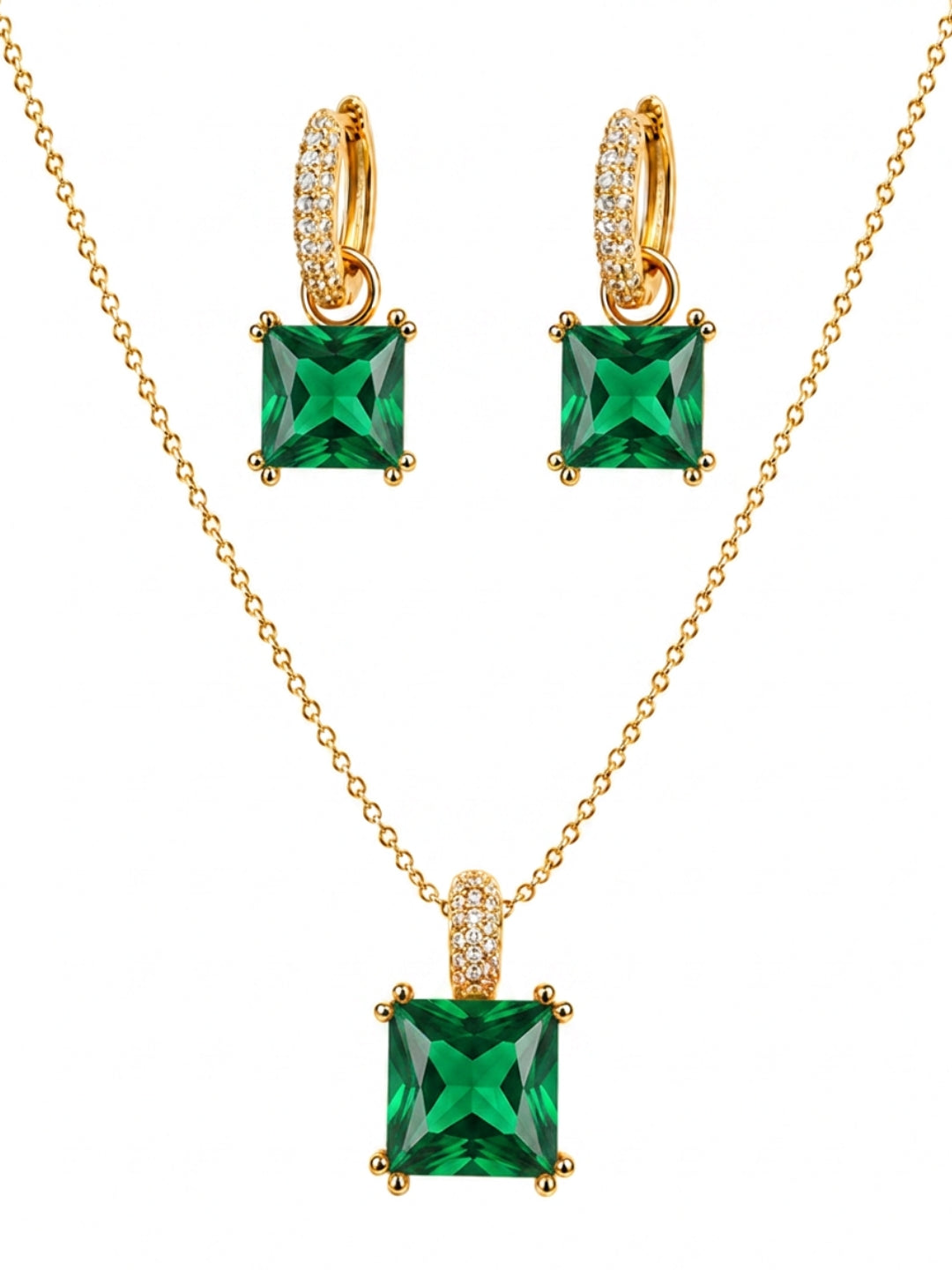 Emerald Square-Cut Pendant Necklace & Huggie Earring Set