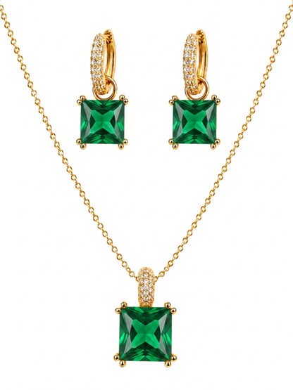 Emerald Square-Cut Pendant Necklace & Huggie Earring Set