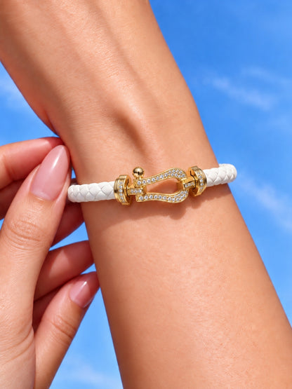 White Studded Braided Leather Gold Magnetic Bracelet -18KT Gold Plated