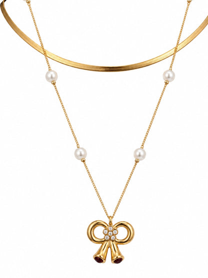 Bow & Pearl Layered Necklace Set