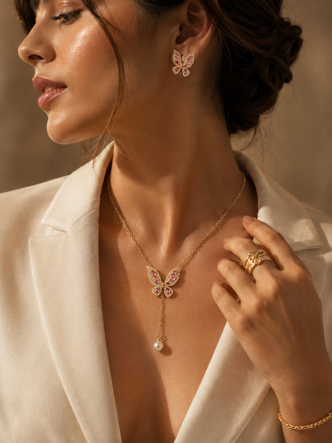 Pink Gold Butterfly & Pearl Drop Necklace-Earring Set