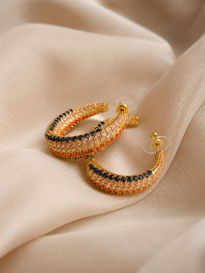 Navratna-Inspired Pavé Open Hoop Earrings, 18K Gold-Plated