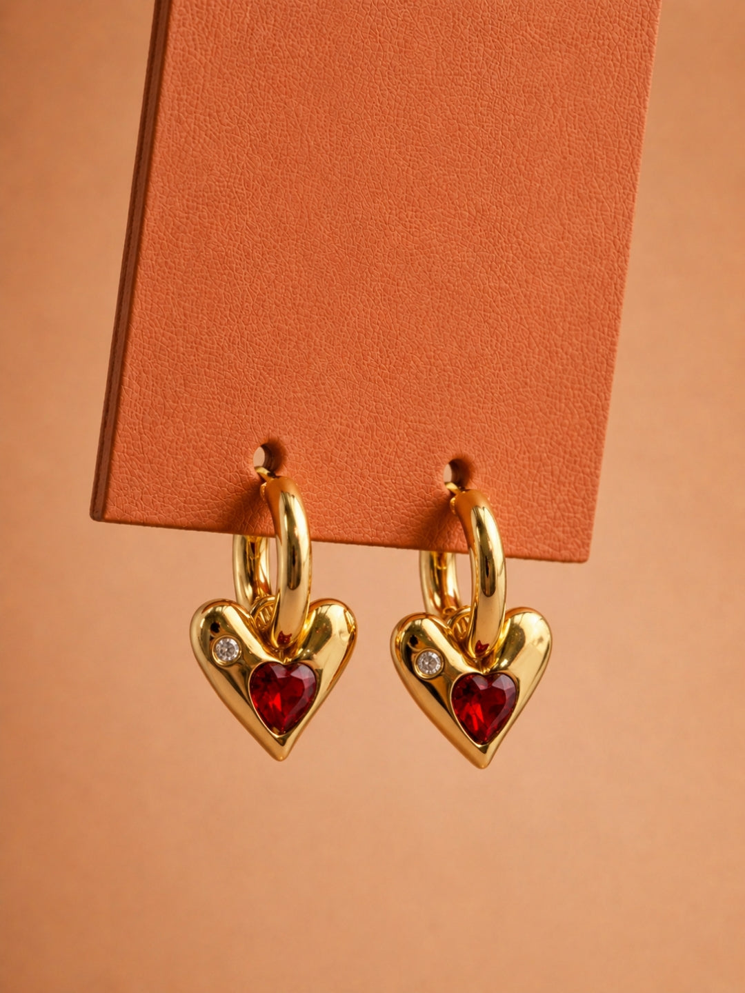 Sculpted Heart Charm Hoop Earrings, 18K Rose Gold-Plated - Red
