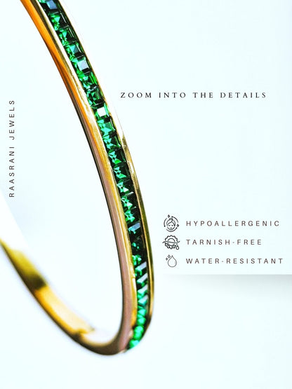 Green Stone Kada – 18K Gold Plated Emerald CZ Bracelet (Anti-Tarnish)