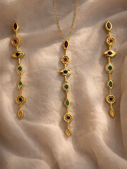 Evil Eye Pastel Shades Necklace & Earrings Set – 18K Gold Plated