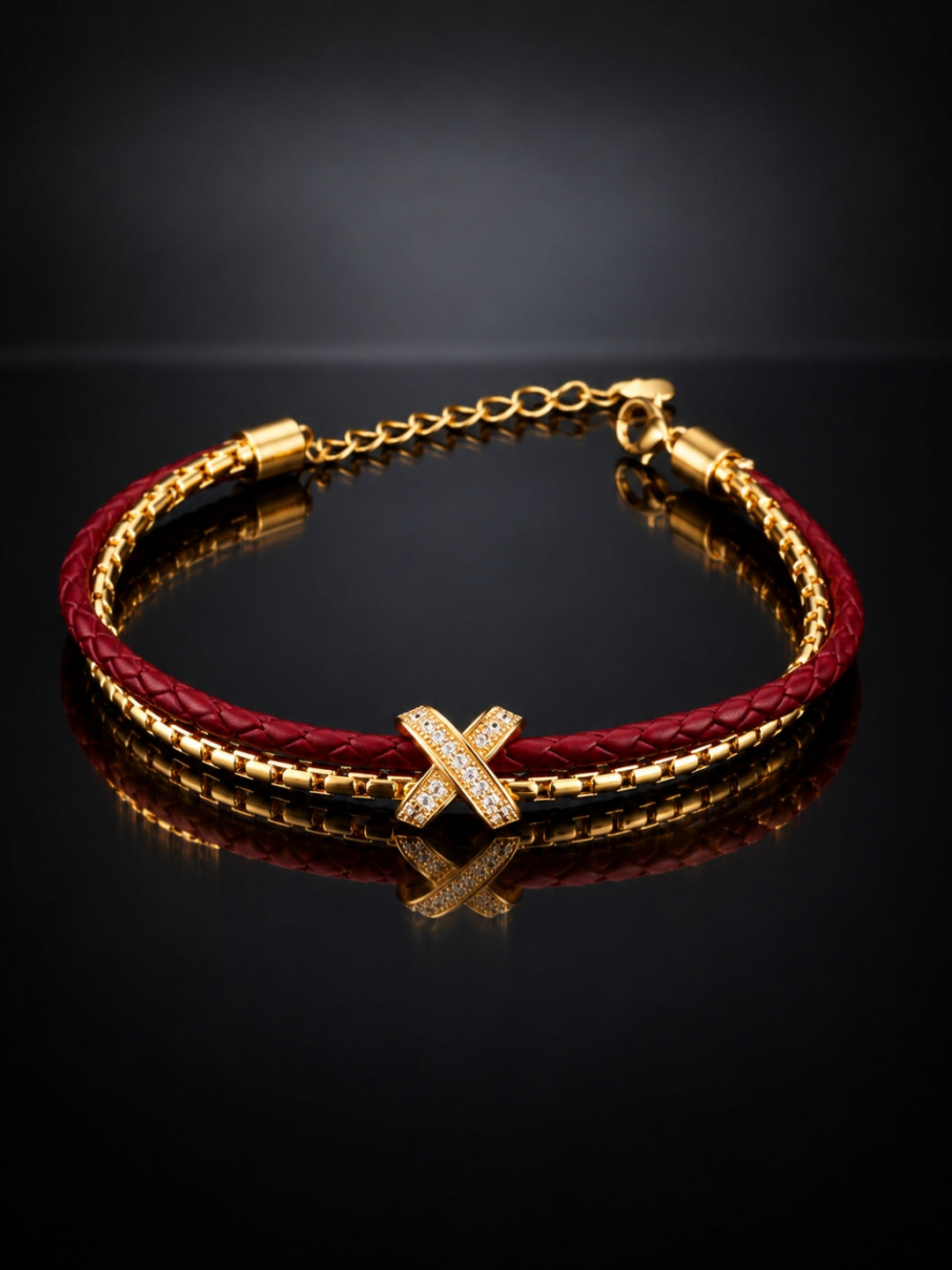 Dark Red Braided Double line Knot Band Cuff - 18KT Gold Plated
