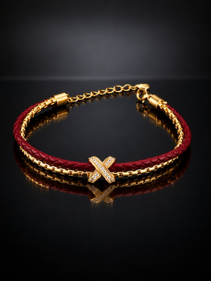 Dark Red Braided Double line Knot Band Cuff - 18KT Gold Plated