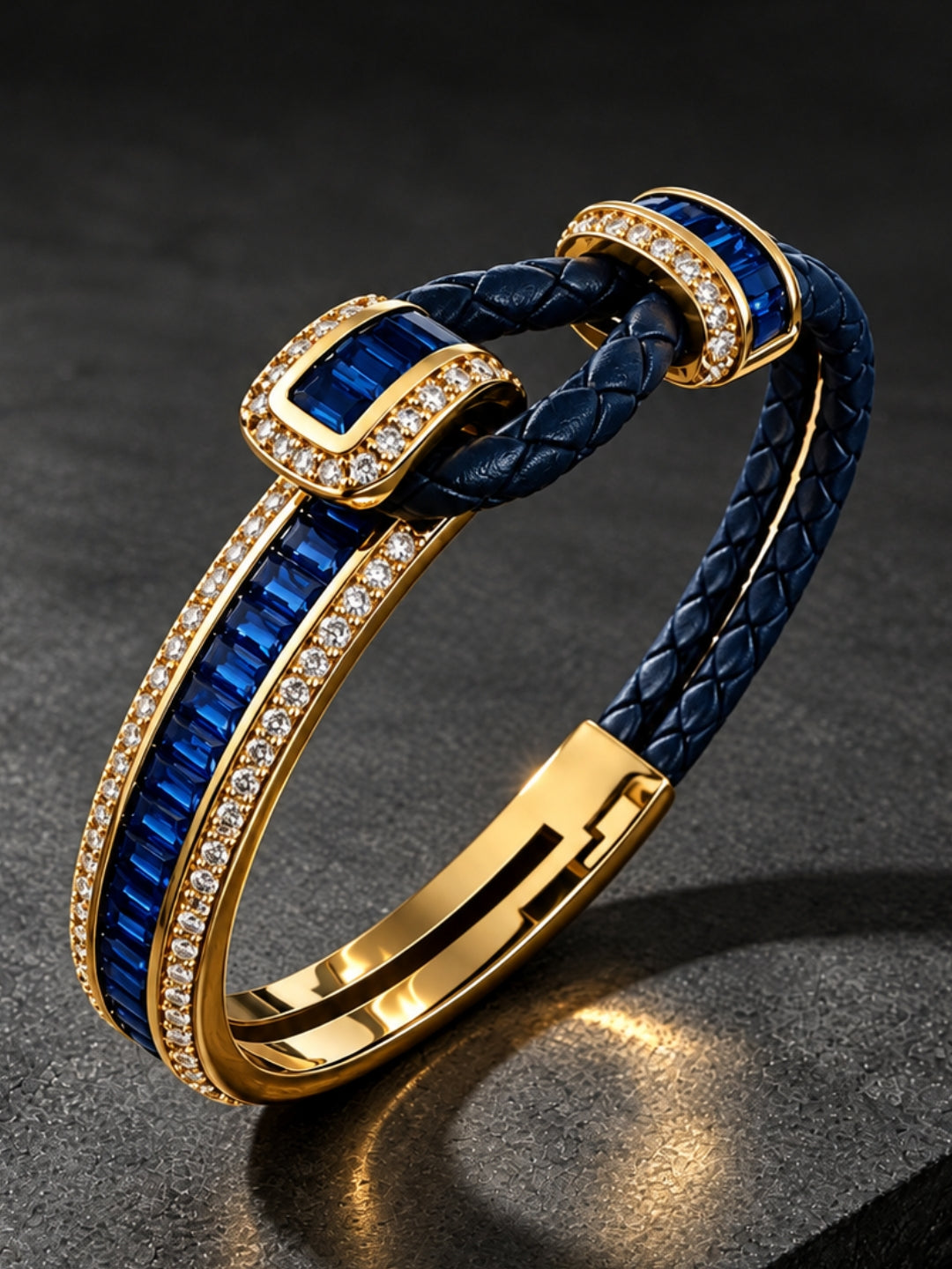 Navy Studded leather Band Cuff  - 18KT Gold Plated