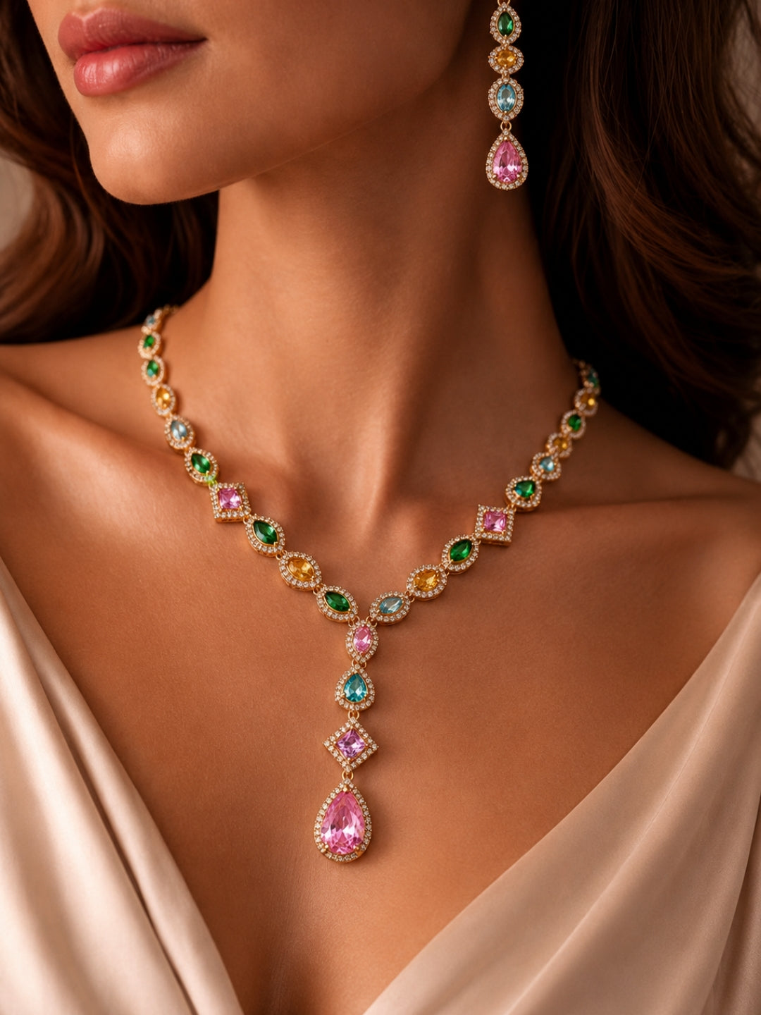 Serenata Multicolor Gemstone Y-Drop Necklace & Earring Set, 18K Gold-Plated