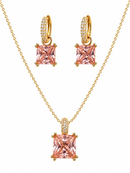 Pink Square-Cut Pendant Necklace & Huggie Earring Set, 18K Gold-Plated