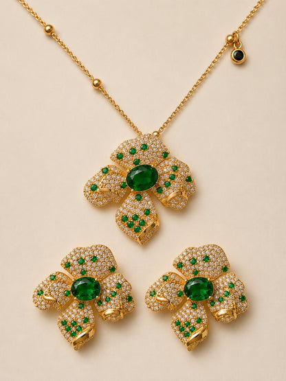 Boccio Emerald Pavé Flower Necklace & Earring Set, 18K Gold-Plated