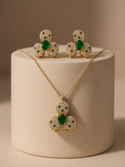 Emeralda Floral Set | 18K Gold Plated Necklace & Earrings with Pavé CZ Stones
