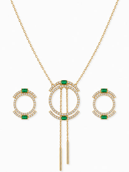Isabeau" Double Halo Necklace & Earring Set — 18K Gold Plated with Emerald Baguette Accents