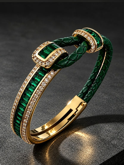 Emerald Studded Leather Band Cuff - 18KT Gold Plated