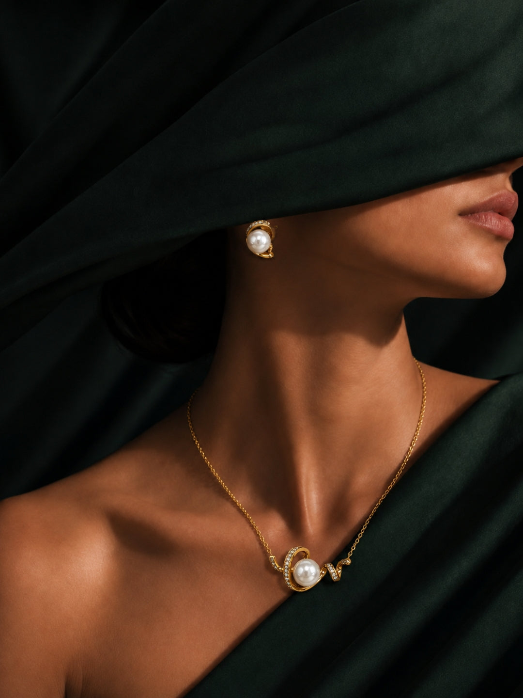 Love Pearl Necklace & Earring Set, 18K Gold Plated