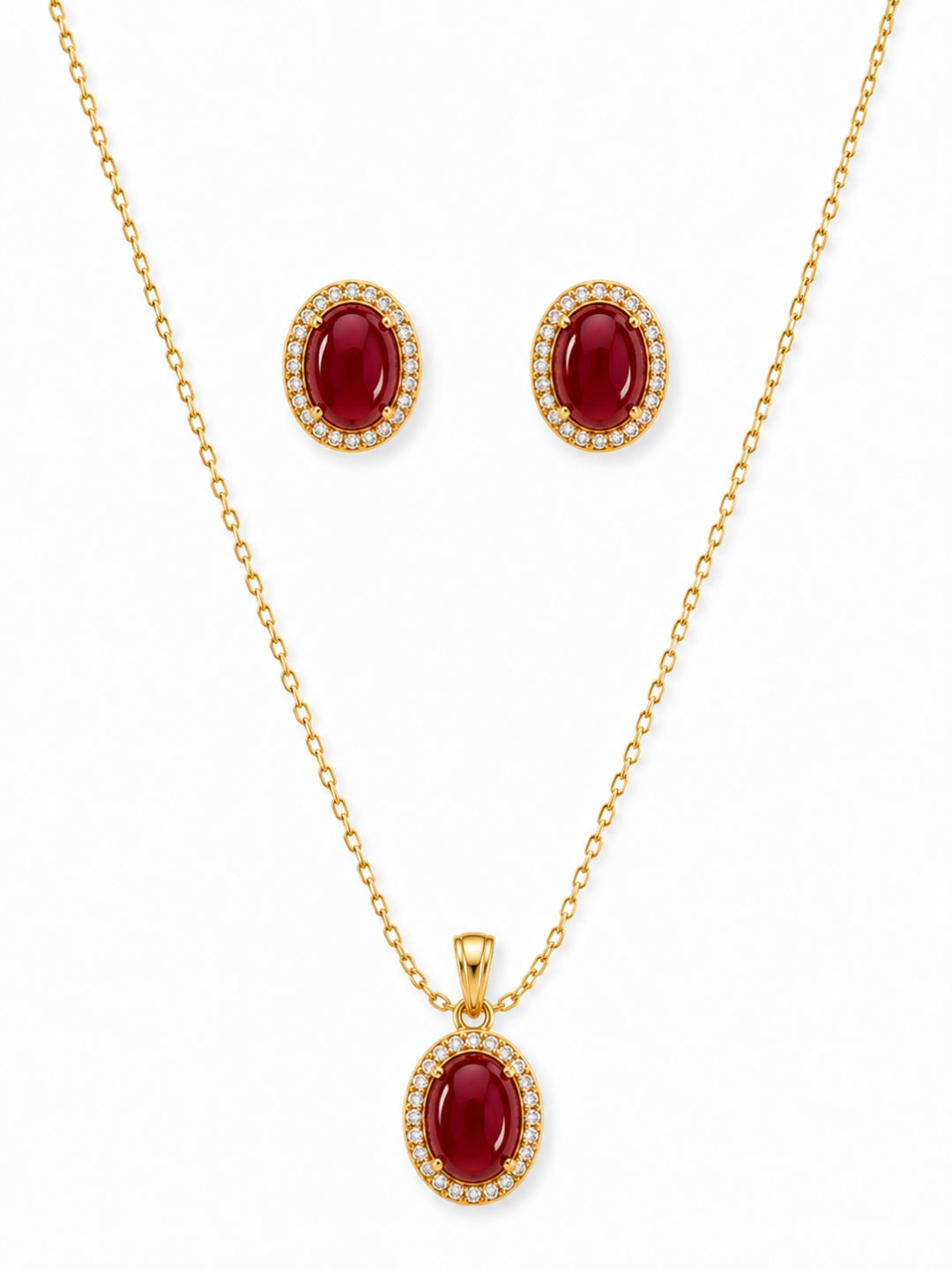 Melograno Red Cabochon Halo Necklace & Earring set 18K Gold-Plated