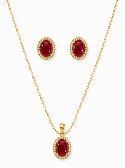 Melograno Red Cabochon Halo Necklace & Earring set 18K Gold-Plated