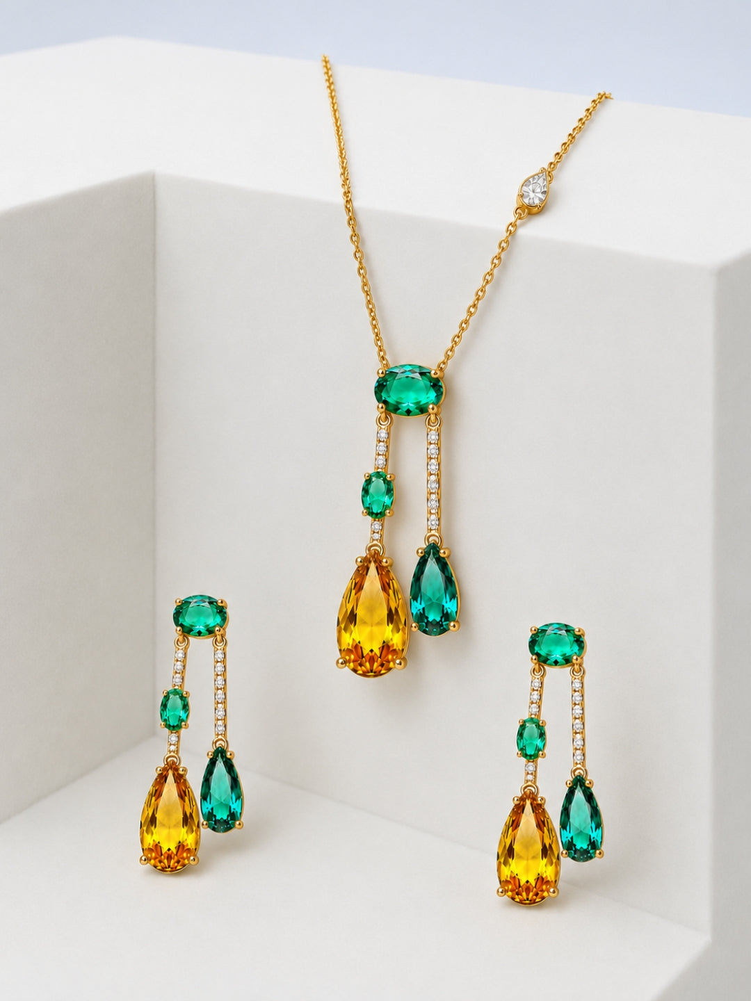 Vendemmia Emerald & Citrine Cascade Necklace & Earring Set, 18K Gold-Plated