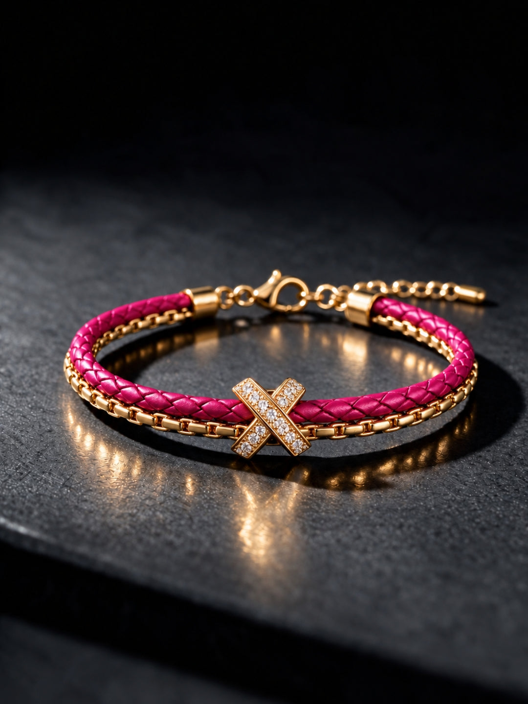 Fuchsia Pink Braided Double line Knot Band Cuff-18KT Gold Plated
