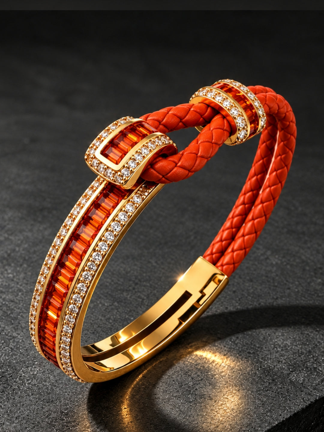 Rust Studded Leather Band Cuff - 18KT Gold Plated