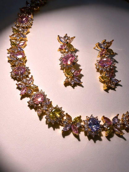 Fiorina Pastel Multicolor Floral Choker Necklace & Earring Set, 18K Gold-Plated