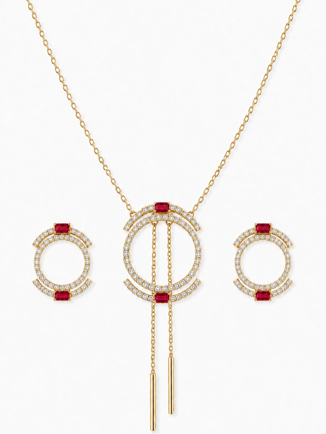 "Aurélie" Double Halo Necklace & Earring Set — 18K Gold Plated with Ruby Baguette Accents