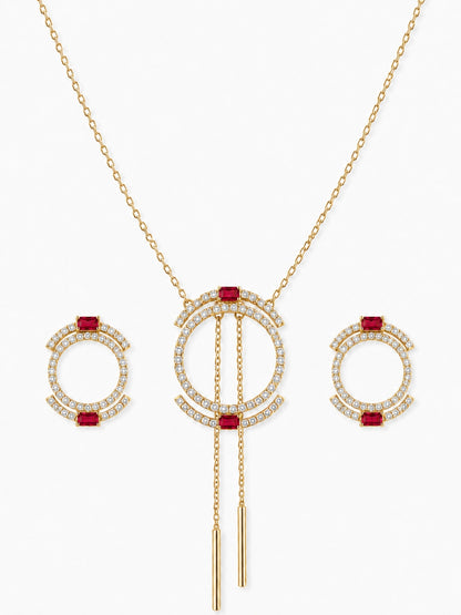 "Aurélie" Double Halo Necklace & Earring Set — 18K Gold Plated with Ruby Baguette Accents