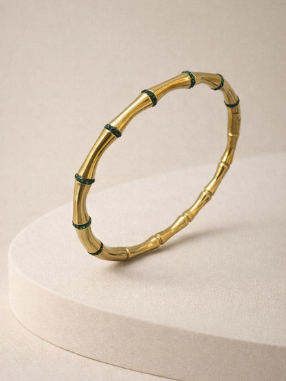 Emerald CZ Bamboo Cuff Bracelet in 18K Gold Plated Stainless Steel
