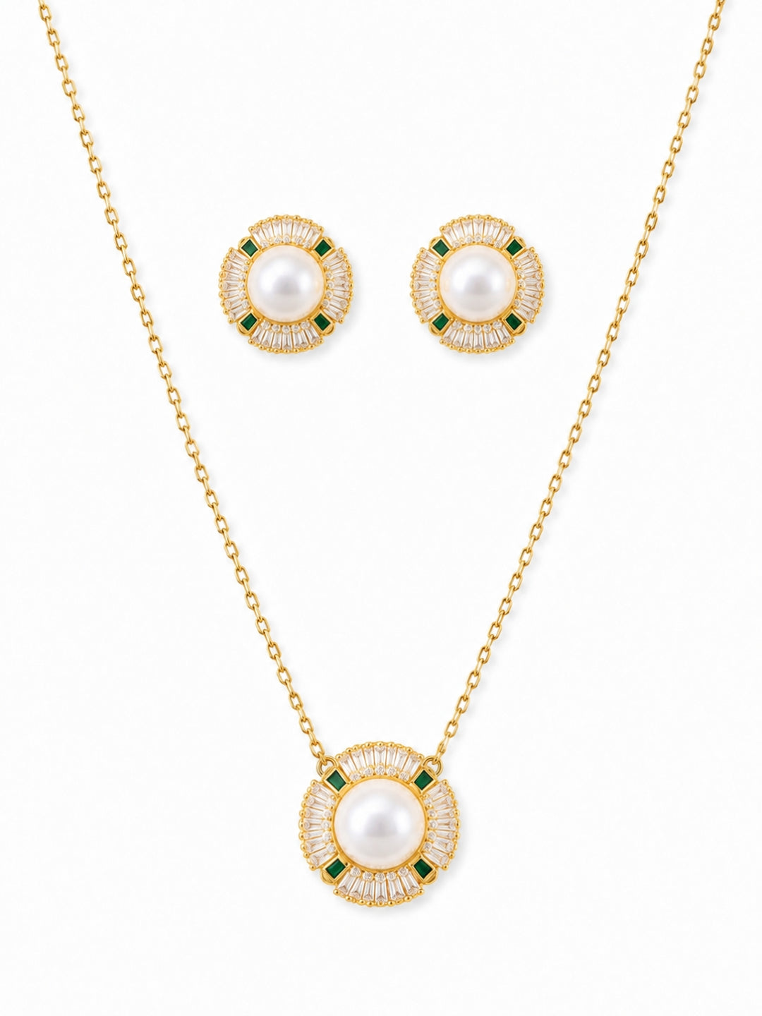 Girandola Pearl Baguette Necklace & Earring Set, 18K Gold-Plated