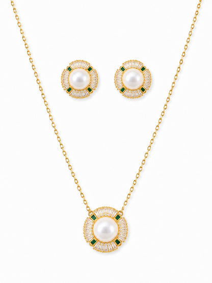 Girandola Pearl Baguette Necklace & Earring Set, 18K Gold-Plated