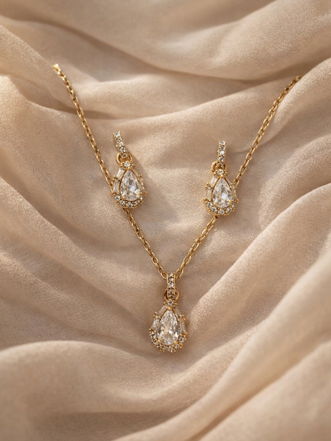 18K Rose Gold Teardrop CZ Pendant & Earrings Set for Women