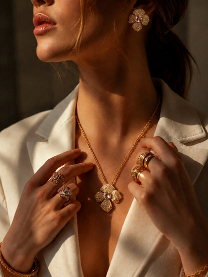 Boccio Pink Pavé Flower Necklace & Earring Set, 18K Gold-Plated
