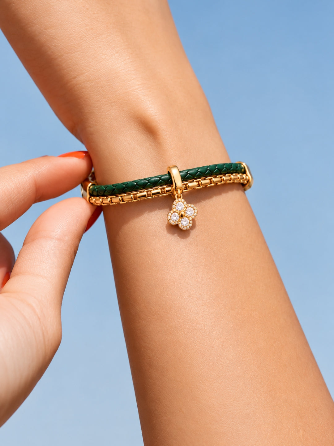 Emerald Braided Double line Clover Band Cuff-18KT Gold Plated
