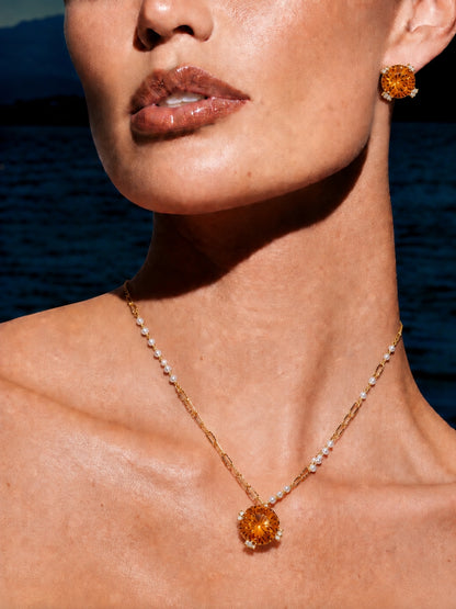 Adeline" Champagne Crystal Pendant Set — 18K Gold Plated with Pearl Accent Chain