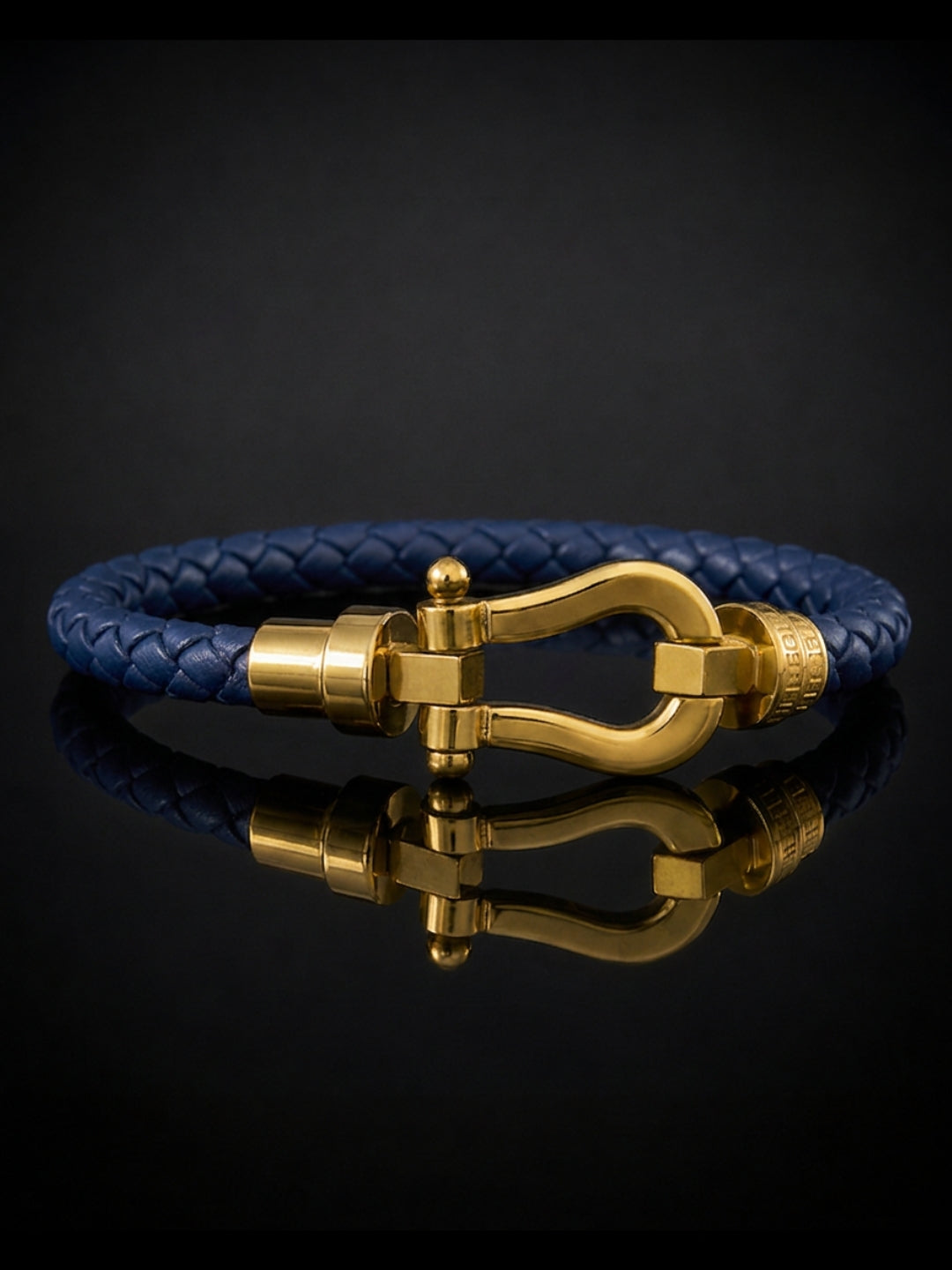 Unisex Navy Braided Leather Gold Magnetic Bracelet