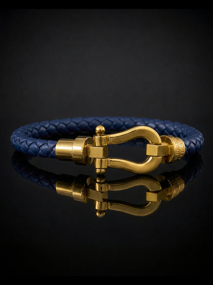 Unisex Navy Braided Leather Gold Magnetic Bracelet