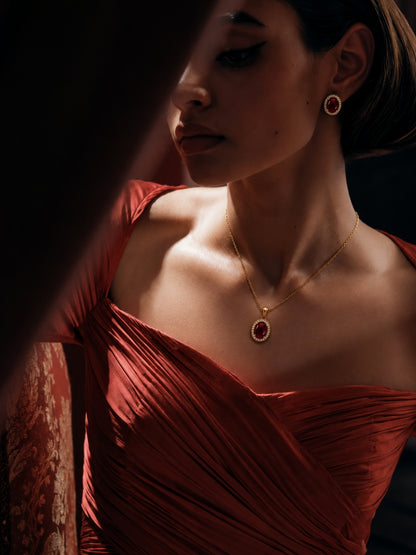 Melograno Red Cabochon Halo Necklace & Earring set 18K Gold-Plated