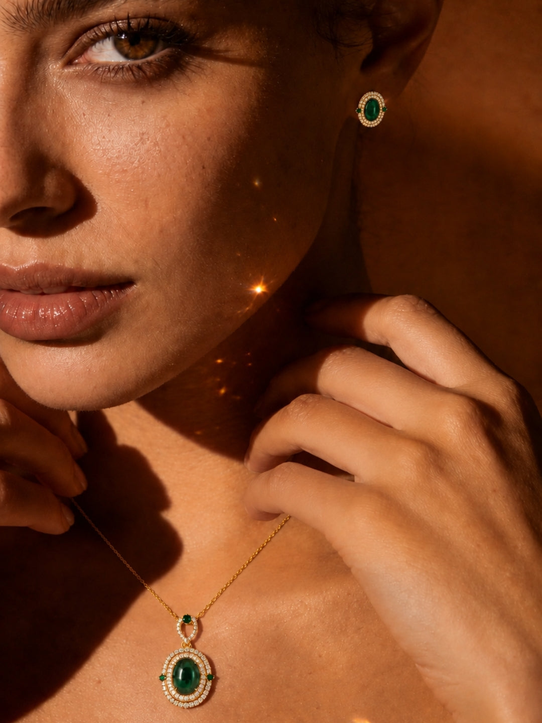 Prato Green Cabochon Halo Necklace & Earring Set, 18K Gold-Plated